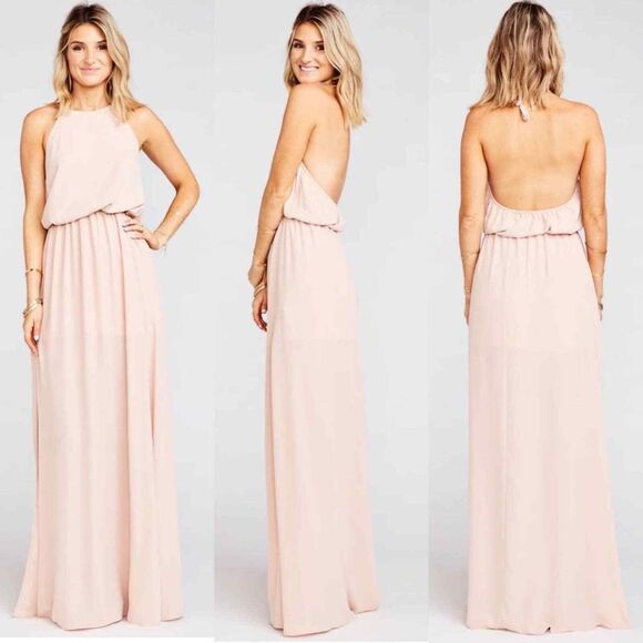 Show Me Your MuMu Chiffon Dusted Peach Backless Halter Maxi Gown XS Bridesmaid - Picture 1 of 11